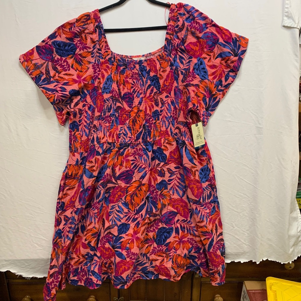 Terra & Sky Smocked Flare Dress 4X 28W-30W Tropical Coral Rose Floral Cotton NEW